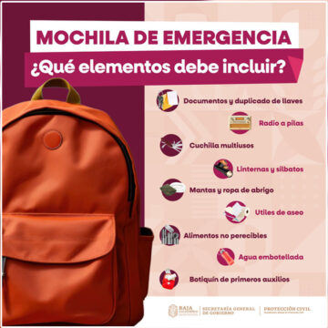 Protección Civil Estatal recuerda la importancia de preparar una mochila de emergencia