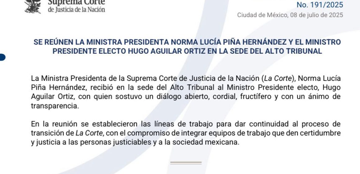 Se reúne Norma Piña con próximo presidente de SCJN; Definen líneas de trabajo para la transición