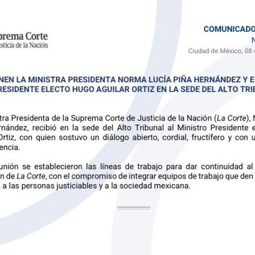 SCJN Se reúne Norma Piña con próximo presidente de SCJN; Definen líneas de trabajo para la transición
