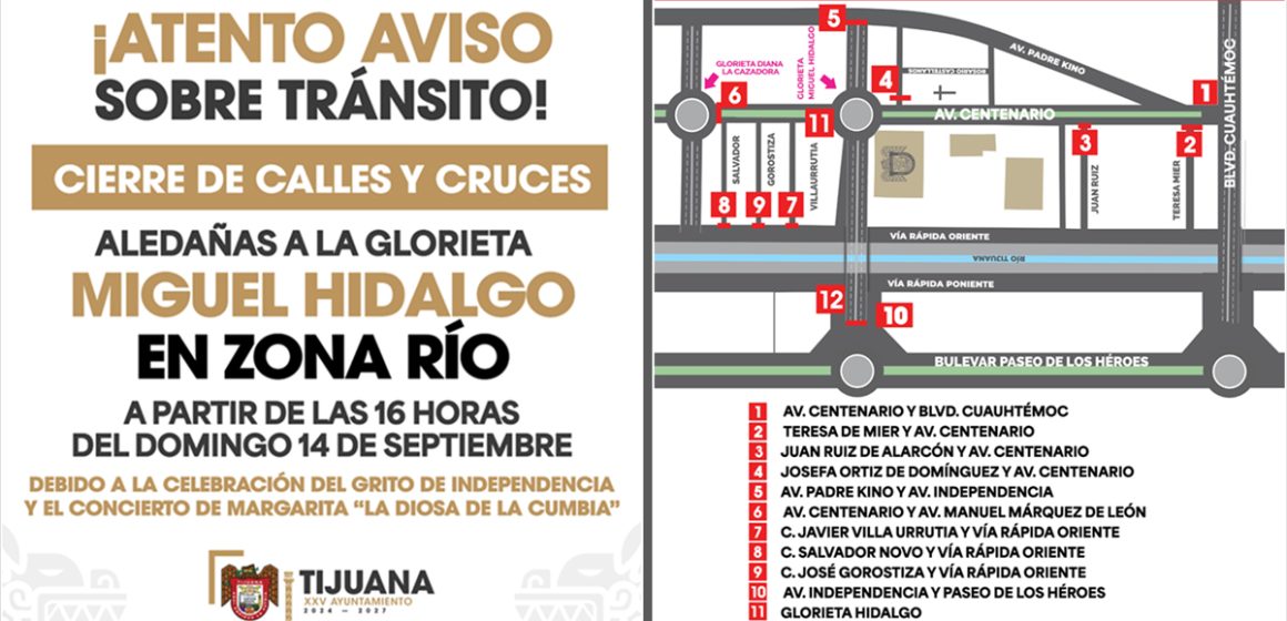 Cierres viales y operativo de seguridad por festejos del Grito de Independencia en Tijuana