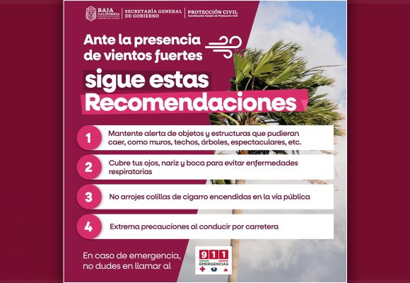 Alerta Protección Civil BC por fuertes vientos en la región