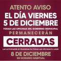 Será viernes 5 de diciembre día inhábil para el personal que labora en el Gobierno Municipal