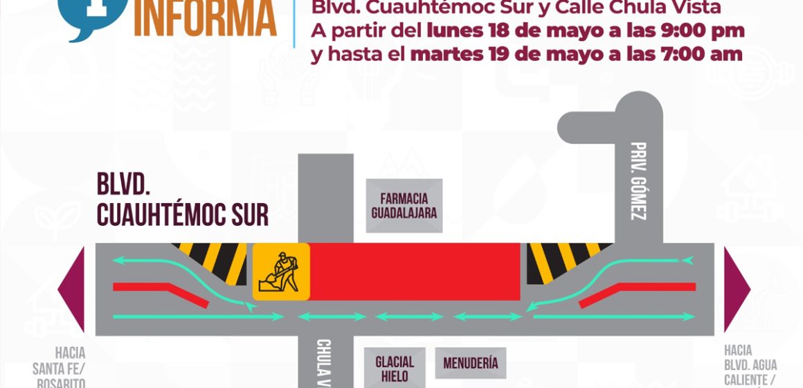 CESPT desviará tres carriles por obras nocturnas en bulevar Cuauhtémoc Sur