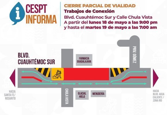 CESPT desviará tres carriles por obras nocturnas en bulevar Cuauhtémoc Sur