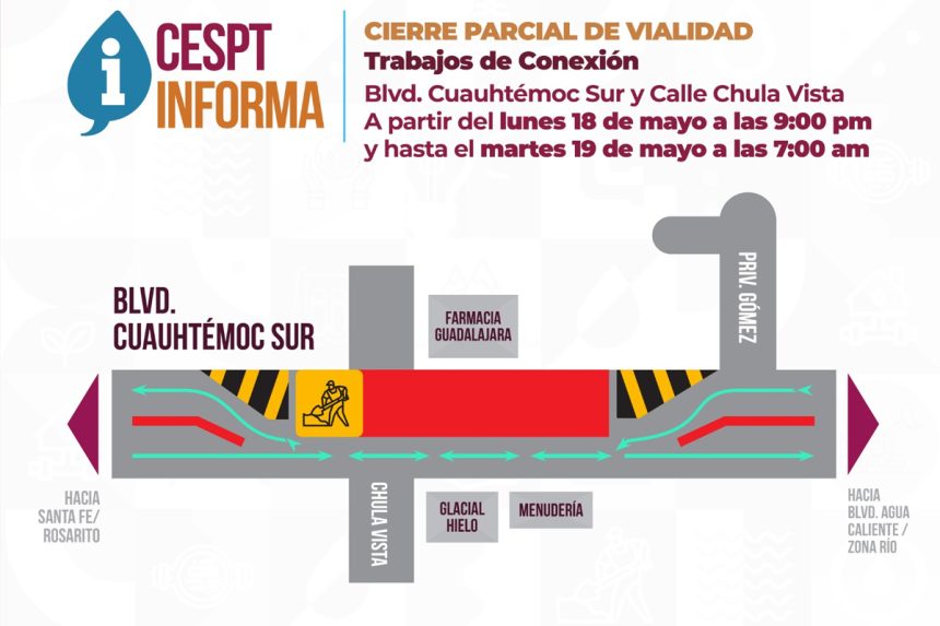 CESPT desviará tres carriles por obras nocturnas en bulevar Cuauhtémoc Sur
