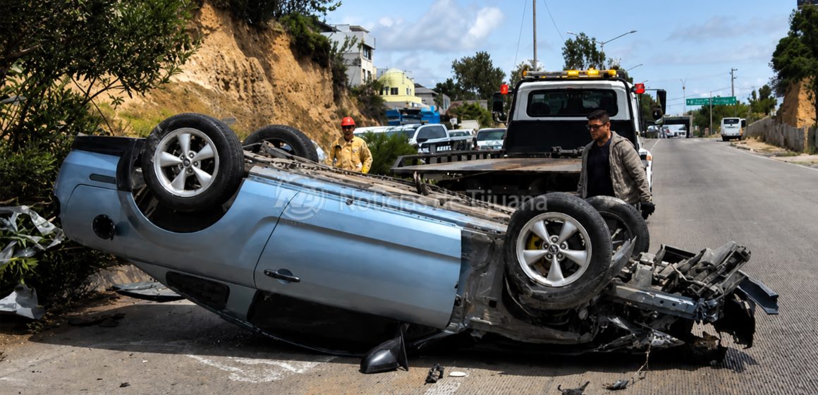 Mustang termina volcado tras brincar camellón en El Soler