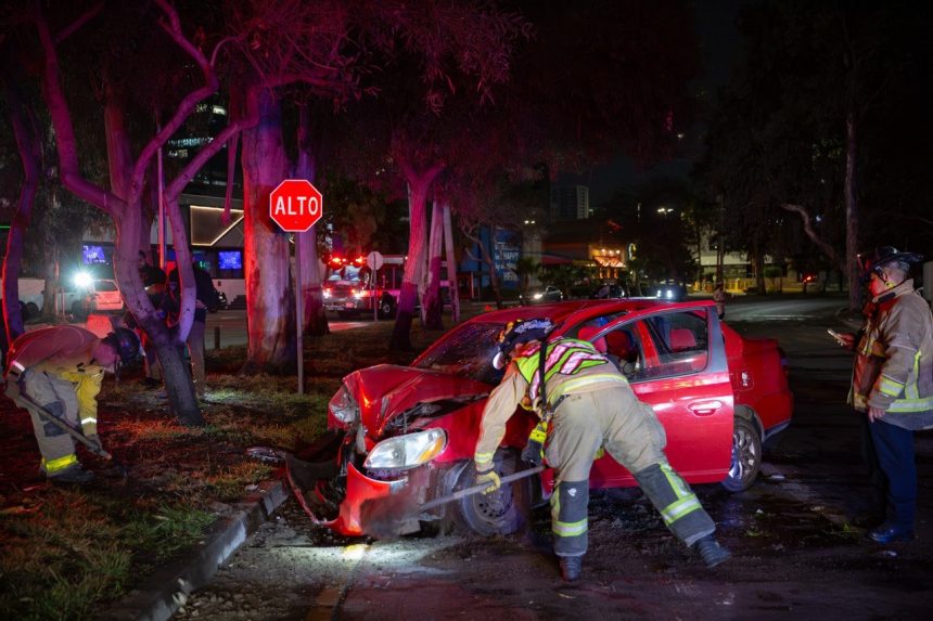 Conductora derriba árbol y poste en zona Río